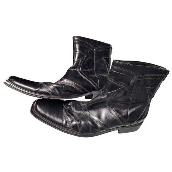 Steve Madden Vintage Black Leather Boots Mens Back Zip Embellished Size 11 - Picture 1 of 9
